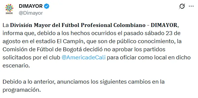 La DIMAYOR y su primer “castigo” a América de Cali. (Captura de pantalla)