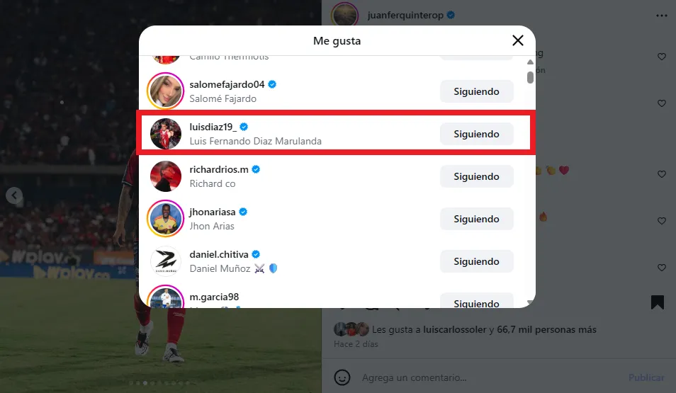 Me Gusta de Díaz al post de Quintero. (Foto: Instagram / @juanferquinterop)