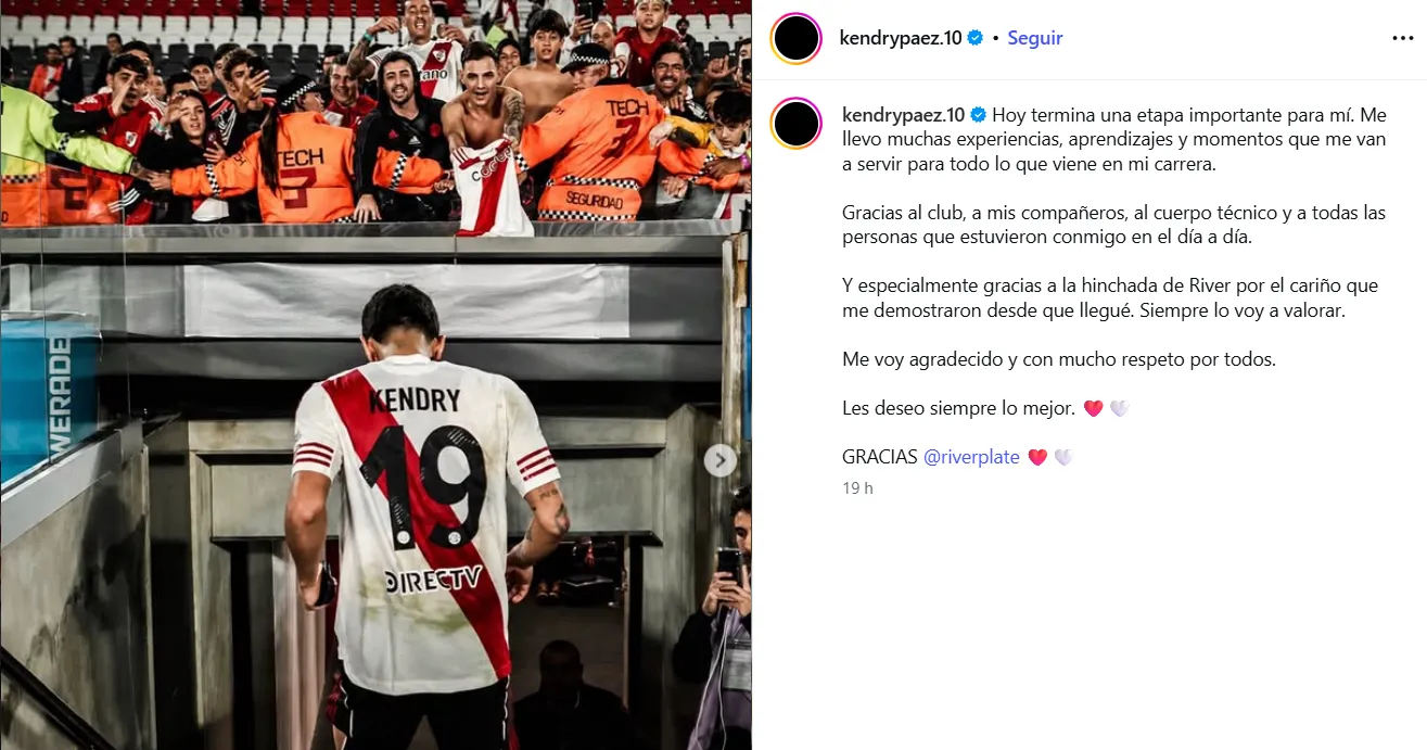 El comunicado de Kendry Páez en su adiós. (Captura de pantalla)