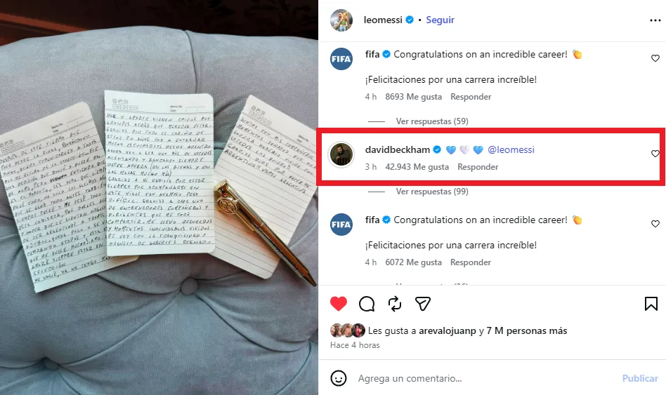 Reacción de Beckham al post de Messi. (Foto Instagram / @leomessi)