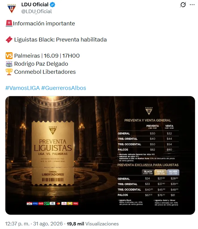 Las entradas para el partido de Liga de Quito contra Palmeiras. (Foto: Captura de pantalla)
