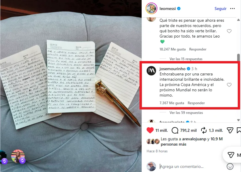 Comentario de Mourinho para Messi. (Foto: Instagram / @leomessi)