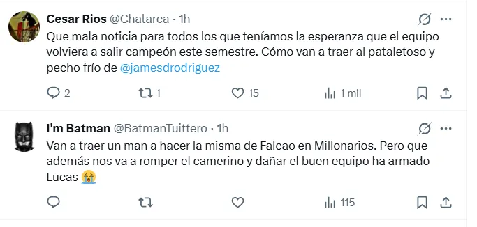 Comentarios en contra de la llegada de James. (Foto: Captura de pantalla)