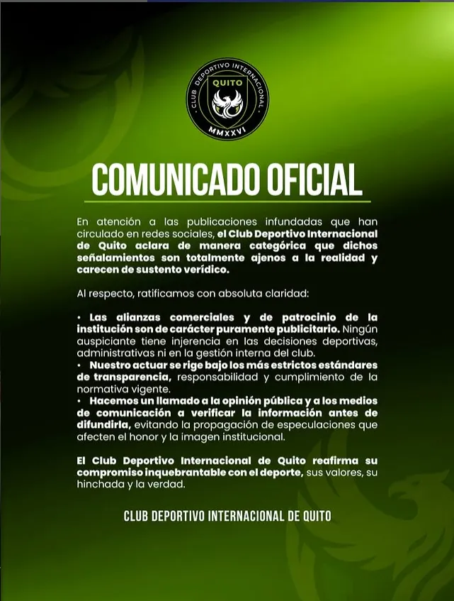 El comunicado del Inter de Quito. (Foto: @interdequito)