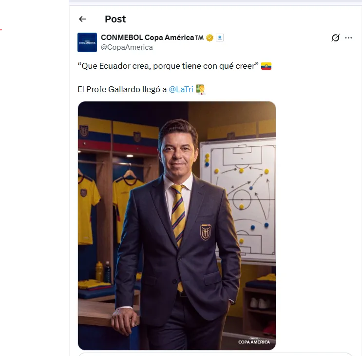 La reacción de la CONMEBOL a la llegada de Gallardo a Ecuador. (Foto: Captura de pantalla)