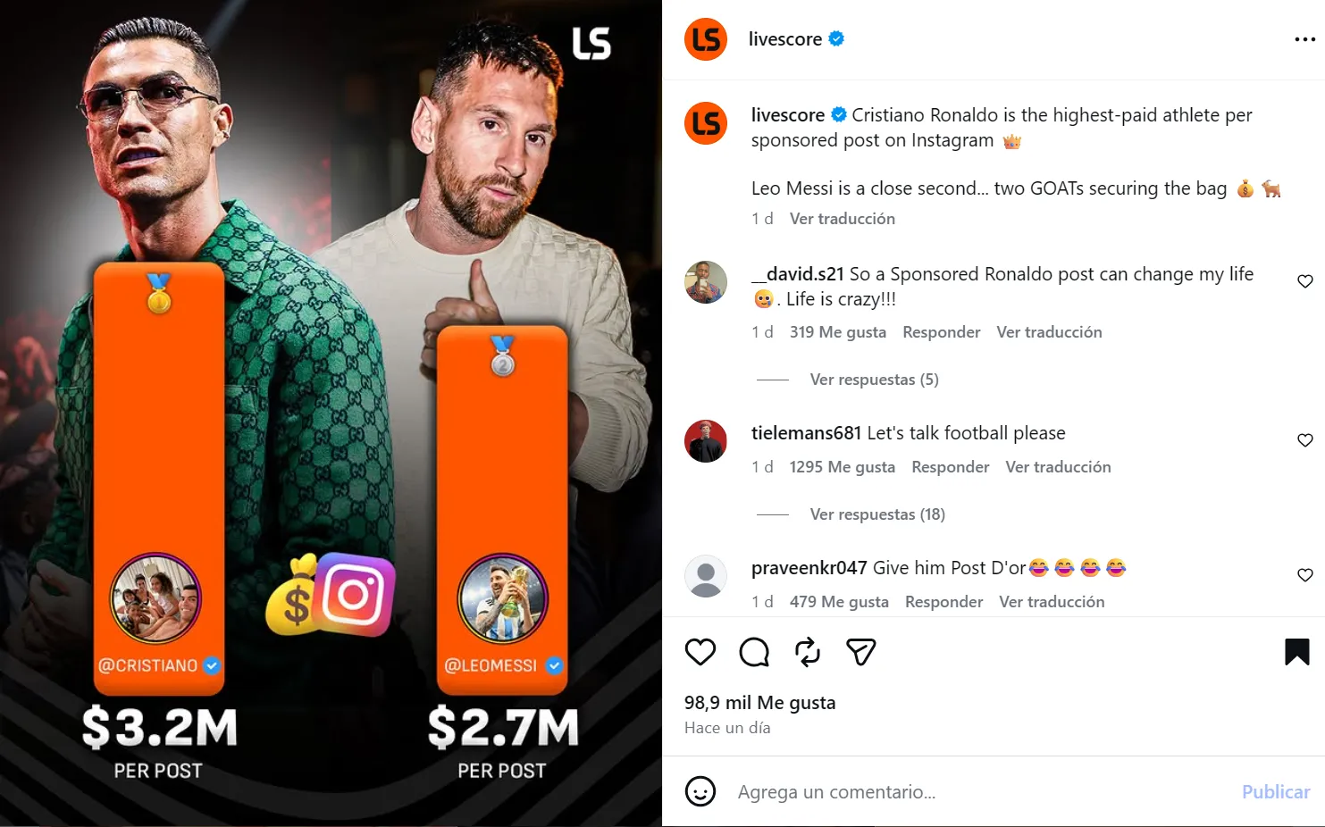 Más dinero en Instagram entre deportistas. (Foto: IG / @livescore)