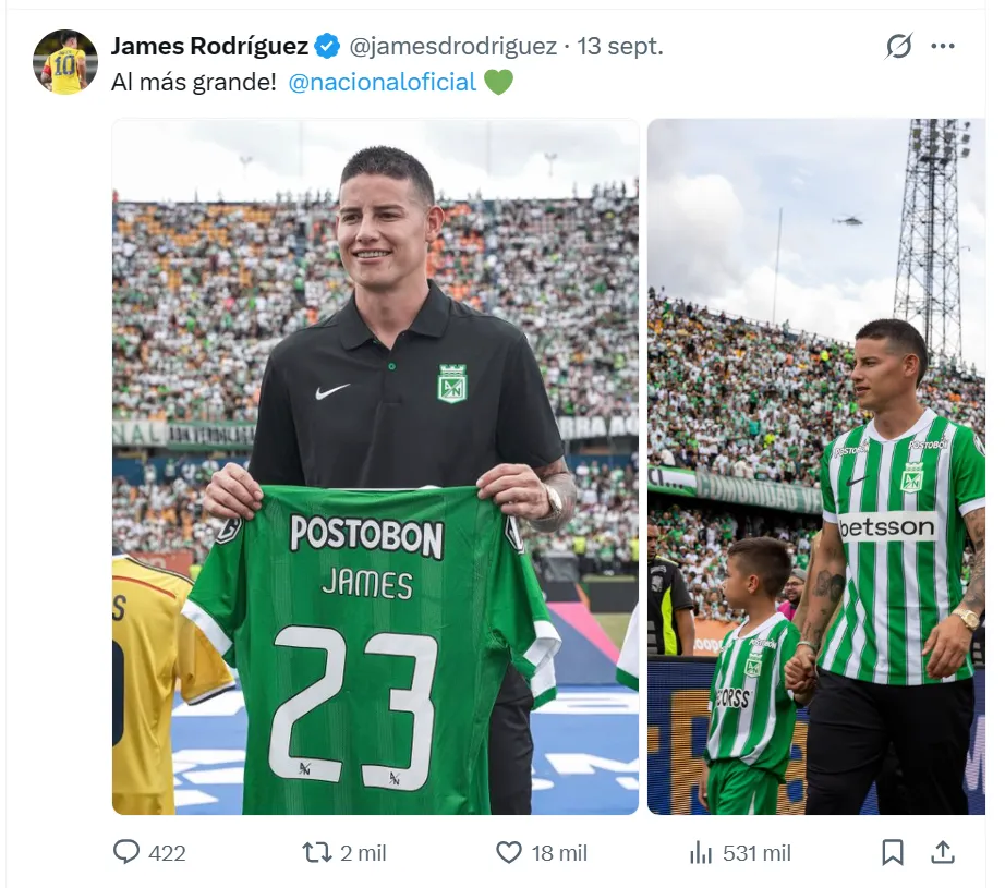 Pmier post de James como jugador de Nacional. (Foto: X / @jamesdrodriguez)