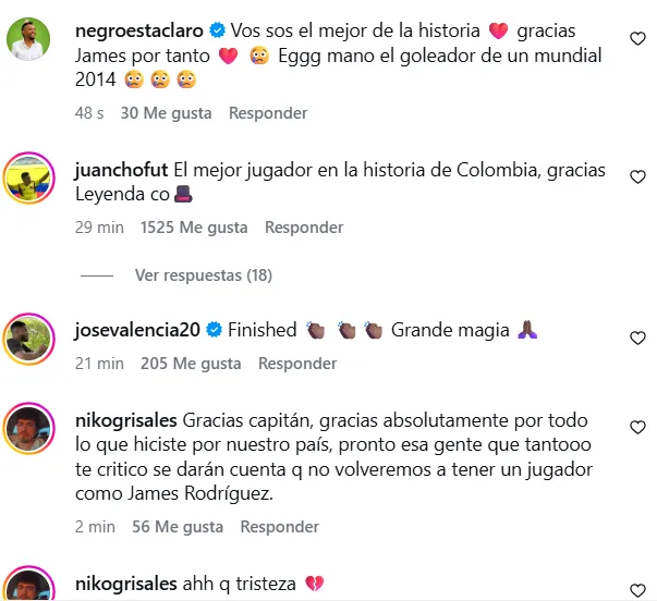Algunos de los comentarios para James. (Foto: captura de pantalla)