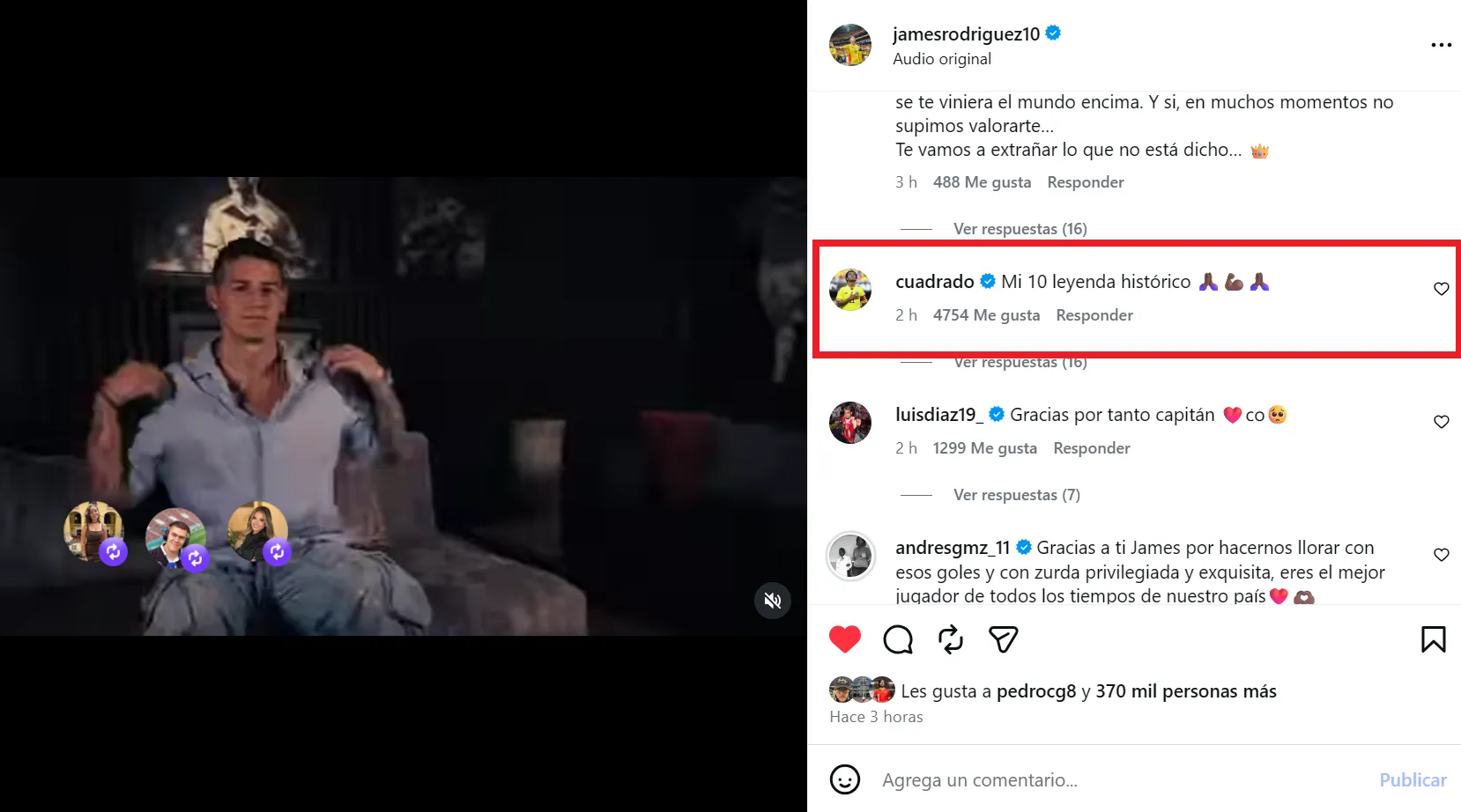 Reacción de Cuadrado al retiro de James de la Selección. (Foto: IG / @jamesrodriguez10)