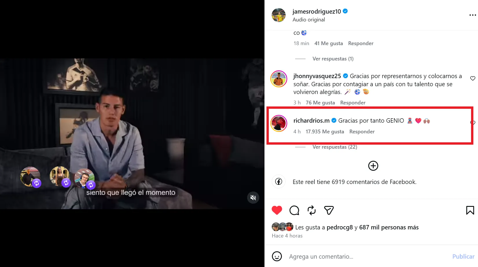 Reacción de Ríos al retiro de James de la selección. (Foto: IG / @jamesrodriguez10)