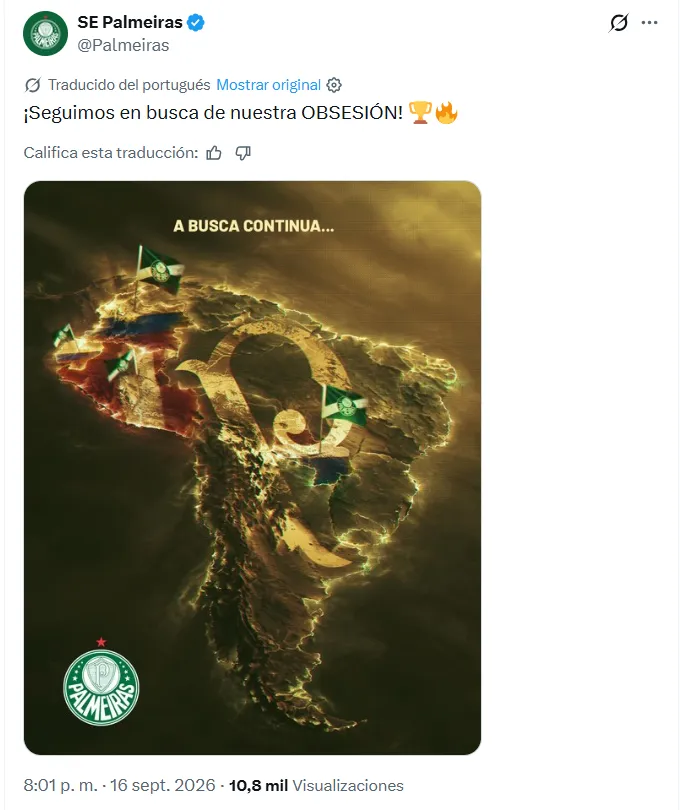 La primera publicación de Palmeiras tras eliminar a Liga. (Foto: Captura de pantalla)