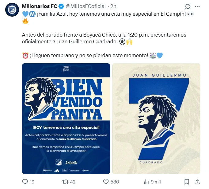 El anuncio de Millonarios con Juan Guillermo Cuadrado. (Captura de pantalla)