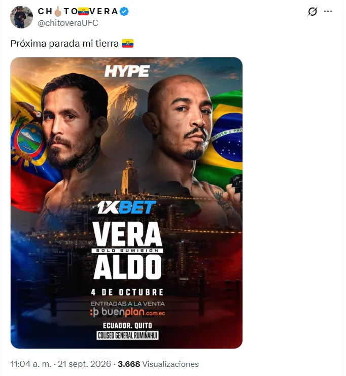 La confirmación de Chito Vera de su pelea en Ecuador. (Foto: Captura de pantalla)