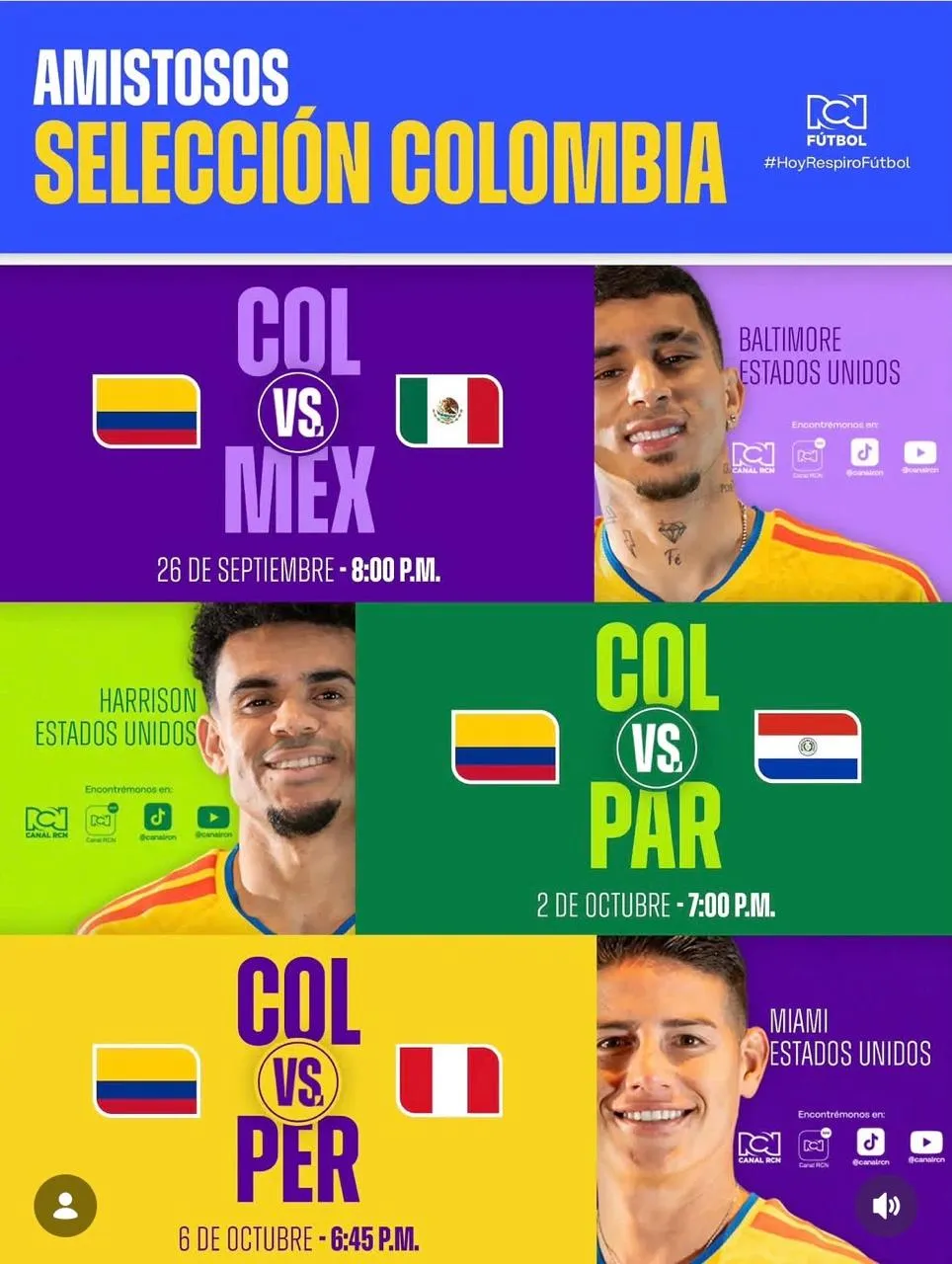 Partidos amistosos Colombia. (IG / @deportesRCN)
