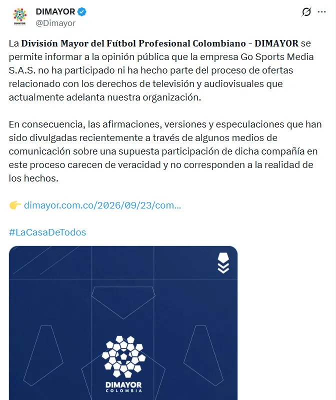 El comunicado de la DIMAYOR. (Captura de pantalla)
