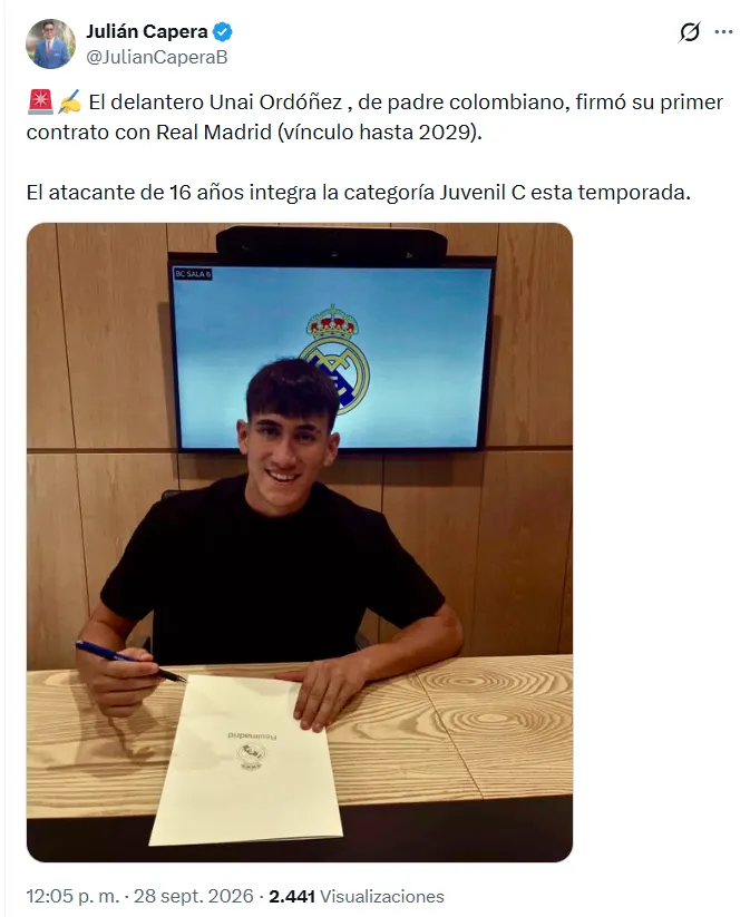 Unai Ordóñez firmó con Real Madrid. (Captura de pantalla)
