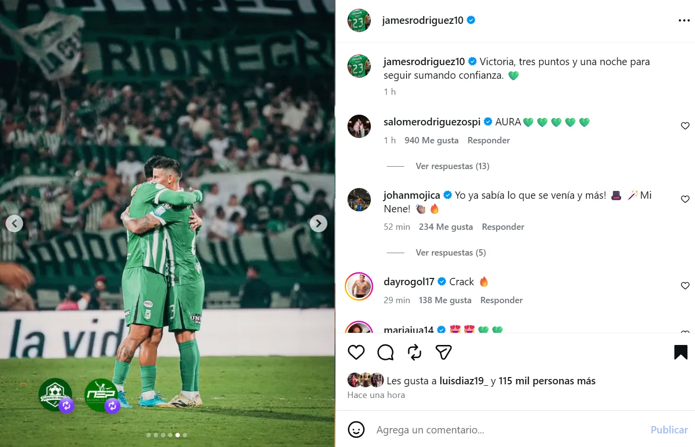 Post de James tras victoria vs. Junior