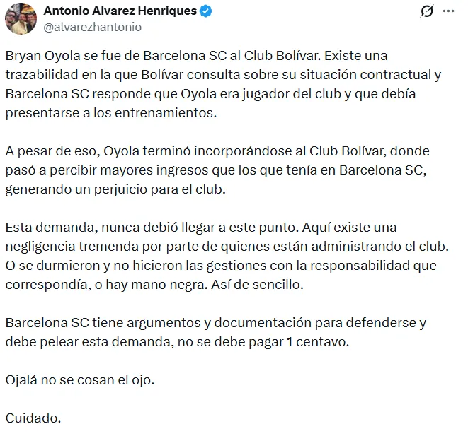 El mensaje de Antonio Álvarez en el caso Barcelona SC. (Foto: Captura de pantalla)