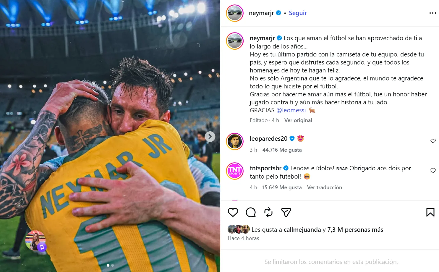 Post de Neymar por Messi. (Foto: IG / neymarjr)