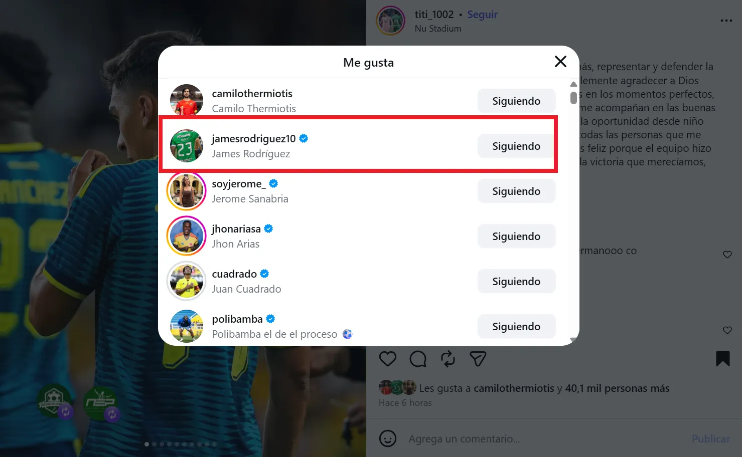 Me gusta de James a Rengifo. (Foto: IG / @titi_1002)