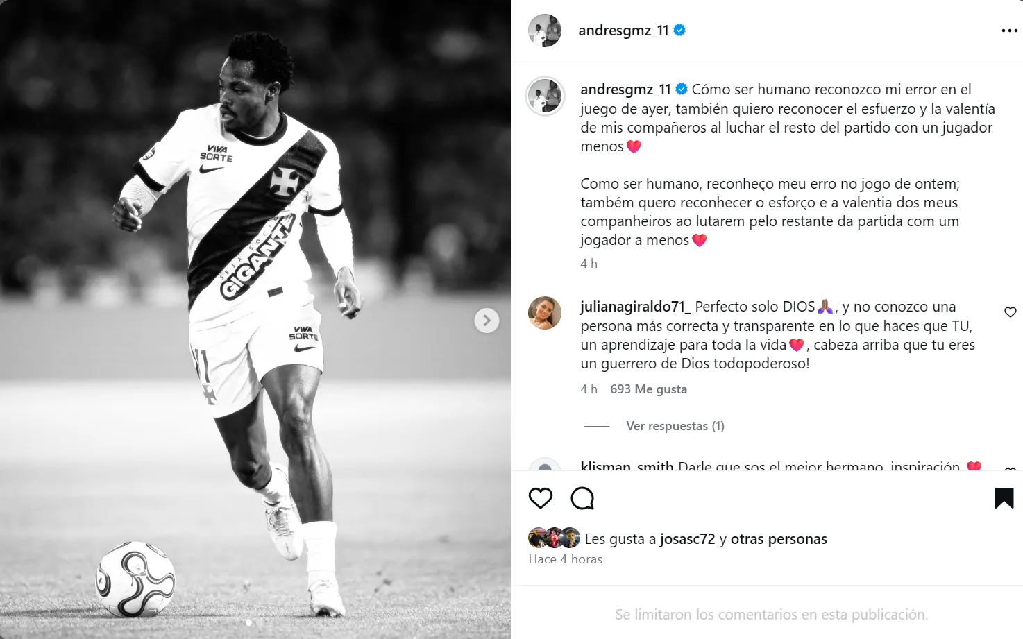 Post de Gómez tras ser expulsado. (Foto: IG)
