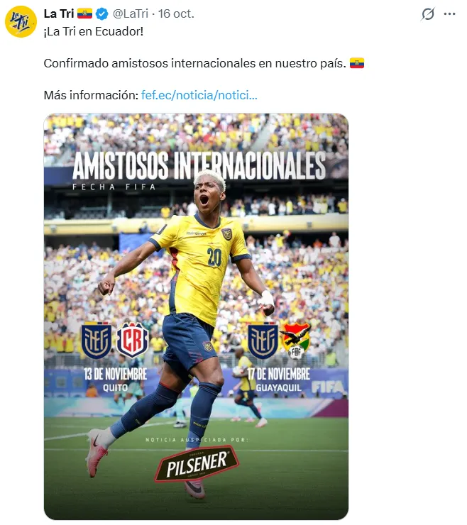 Los amistosos de Ecuador en noviembre. (Captura de pantalla)