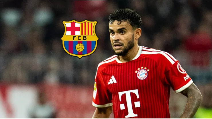 El escudo del FC Barcelona y Luis Díaz.