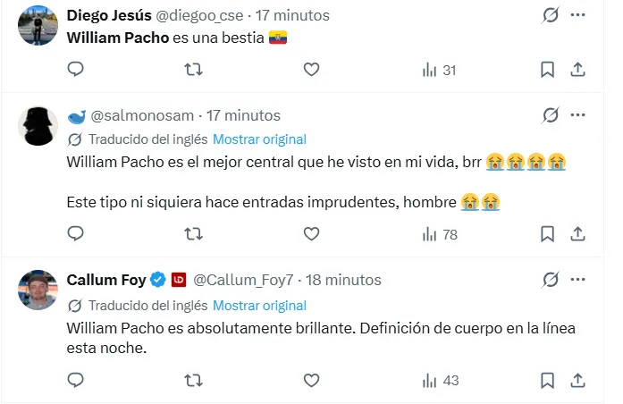 Los comentarios para William Pacho. (Captura de pantalla)