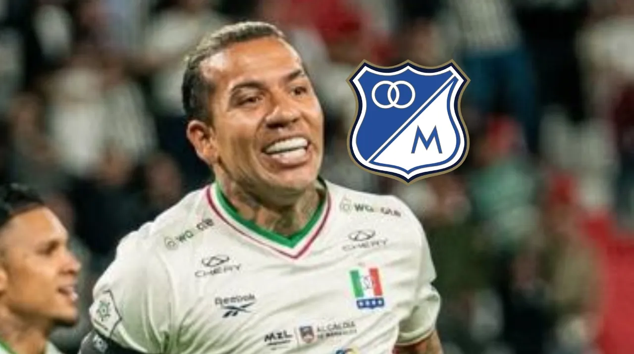 Dayro Moreno y el escudo de Millonarios. (Foto: X / @MiguelRGRadio)