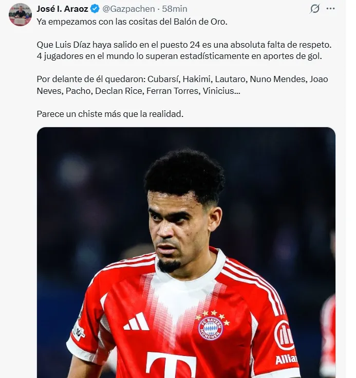 Comentarios sobre el puesto de Lucho Díaz en el Balón de Oro. (Captura de pantalla)