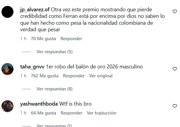 Comentarios sobre el puesto de Lucho Díaz en el Balón de Oro. (Captura de pantalla)
