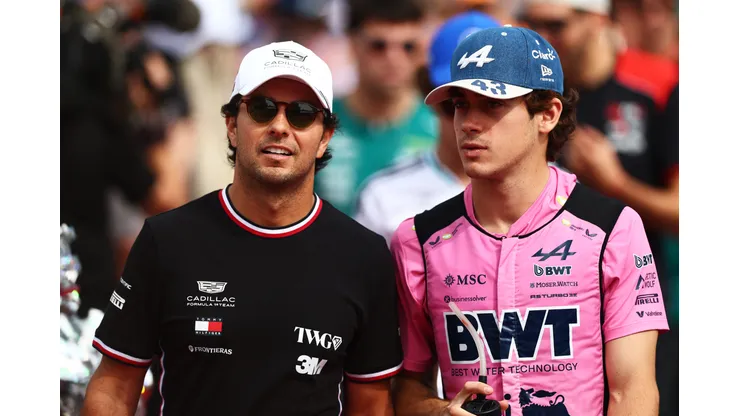 AUSTIN, TEXAS - OCTOBER 25: Sergio Perez of Mexico and Cadillac F1 Team and Franco Colapinto of Argentina and Alpine F1 talk on the drivers parade prior to the F1 Grand Prix of United States at Circuit of The Americas on October 25, 2026 in Austin, Texas. (Photo by Clive Rose/Getty Images)