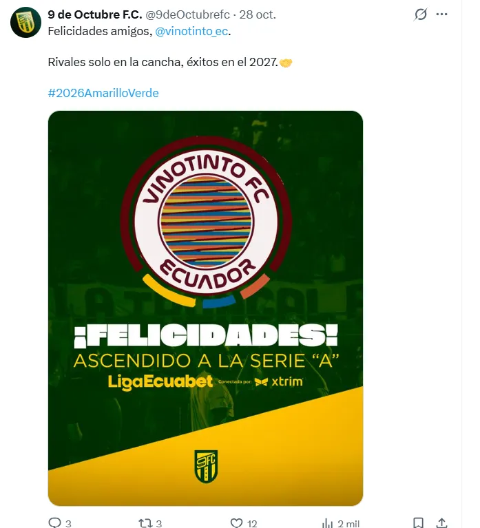 9 de Octubre felicitó a Vinotinto. (Foto: Captura de pantalla)