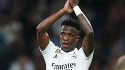 MADRID, SPAIN - APRIL 22: Vinicius Junior of Real Madrid applauds the fans after the LaLiga Santander match between Real Madrid CF and RC Celta at Estadio Santiago Bernabeu on April 22, 2023 in Madrid, Spain. (Photo by Florencia Tan Jun/Getty Images)