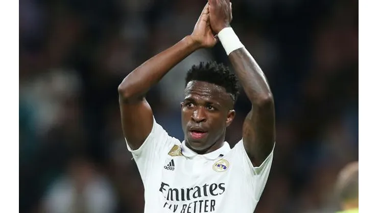 MADRID, SPAIN - APRIL 22: Vinicius Junior of Real Madrid applauds the fans after the LaLiga Santander match between Real Madrid CF and RC Celta at Estadio Santiago Bernabeu on April 22, 2023 in Madrid, Spain. (Photo by Florencia Tan Jun/Getty Images)