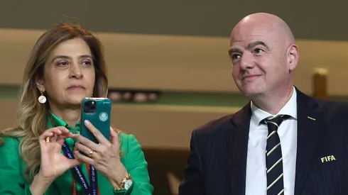 ABU DHABI, UNITED ARAB EMIRATES - FEBRUARY 12: FIFA President Gianni Infantino and Leila Mejdalani Pereira, President of Palmeiras look on prior to the FIFA Club World Cup UAE 2021 Final match between Chelsea and Palmeiras at Mohammed Bin Zayed Stadium on February 12, 2022 in Abu Dhabi, United Arab Emirates. (Photo by Francois Nel/Getty Images)