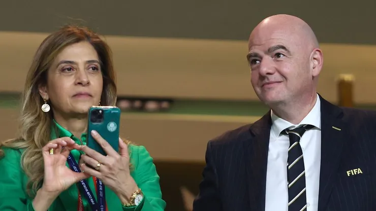 ABU DHABI, UNITED ARAB EMIRATES - FEBRUARY 12: FIFA President Gianni Infantino and Leila Mejdalani Pereira, President of Palmeiras look on prior to the FIFA Club World Cup UAE 2021 Final match between Chelsea and Palmeiras at Mohammed Bin Zayed Stadium on February 12, 2022 in Abu Dhabi, United Arab Emirates. (Photo by Francois Nel/Getty Images)