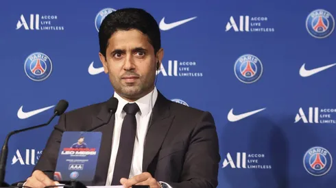 PARIS, FRANCE - AUGUST 11: Lionel Messi answers journalists with President Nasser Al Khelaifi during a conference of Paris Saint-Germain at Parc des Princes on August 11, 2021 in Paris, France. (Photo by Sebastien Muylaert/Getty Images)