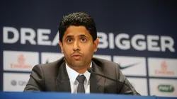 PARIS, FRANCE - JULY 16: Paris Saint-Germain's (PSG) chairman Nasser Al-Khelaifi speaks during a press conference on July 16, 2013 in Paris, France. Cavani's transfer to Paris Saint-Germain football club is reported to have cost in the region of £55m. (Photo by Antoine Antoniol/Getty Images)