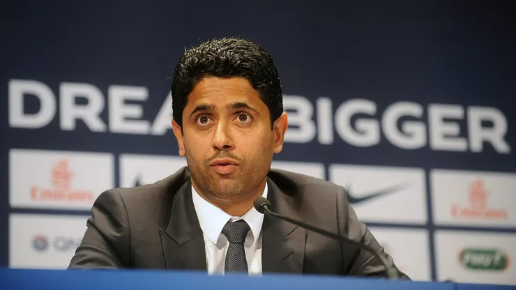 PARIS, FRANCE - JULY 16: Paris Saint-Germain's (PSG) chairman Nasser Al-Khelaifi speaks during a press conference on July 16, 2013 in Paris, France. Cavani's transfer to Paris Saint-Germain football club is reported to have cost in the region of £55m. (Photo by Antoine Antoniol/Getty Images)
