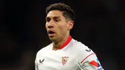 MANCHESTER, ENGLAND - APRIL 13: Gonzalo Montiel of Sevilla during the UEFA Europa League quarterfinal first leg match between Manchester United and Sevilla FC at Old Trafford on April 13, 2023 in Manchester, England. (Photo by Catherine Ivill/Getty Images)