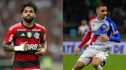 Foto: Jorge Rodrigues/AGIF- Gabigol pelo Flamengo. Foto: Fernando Moreno/AGIF- Thiago Galhardo pelo Fortaleza