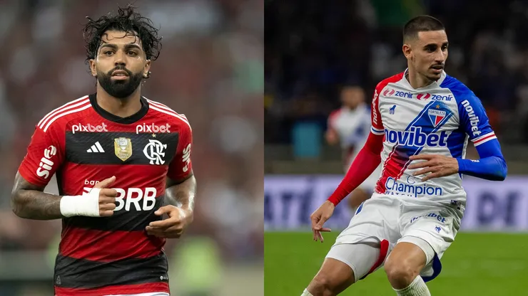 Foto: Jorge Rodrigues/AGIF- Gabigol pelo Flamengo. Foto: Fernando Moreno/AGIF- Thiago Galhardo pelo Fortaleza