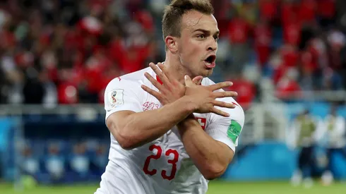 KALININGRAD, RUSSIA - JUNE 22: Xherdan Shaqiri of Switzerland celebrates after scoring his team's second goal during the 2018 FIFA World Cup Russia group E match between Serbia and Switzerland at Kaliningrad Stadium on June 22, 2018 in Kaliningrad, Russia. (Photo by Clive Rose/Getty Images)