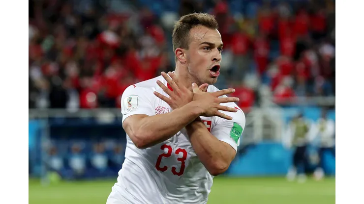 KALININGRAD, RUSSIA - JUNE 22: Xherdan Shaqiri of Switzerland celebrates after scoring his team's second goal during the 2018 FIFA World Cup Russia group E match between Serbia and Switzerland at Kaliningrad Stadium on June 22, 2018 in Kaliningrad, Russia. (Photo by Clive Rose/Getty Images)