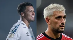 Foto: Heber Gomes/AGIF- Marcos Leonardo pelo Santos. Foto: Thiago Ribeiro/AGIF- Arrascaeta pelo Flamengo