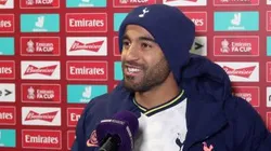 CROSBY, ENGLAND - JANUARY 10: Lucas Moura of Tottenham Hotspur speaks to the media as he is interviewed pitch side after the FA Cup Third Round match between Marine and Tottenham Hotspur at Rossett Park on January 10, 2021 in Crosby, England. Sporting stadiums around England remain under strict restrictions due to the Coronavirus Pandemic as Government social distancing laws prohibit fans inside venues resulting in games being played behind closed doors. (Photo by Clive Brunskill/Getty Images)