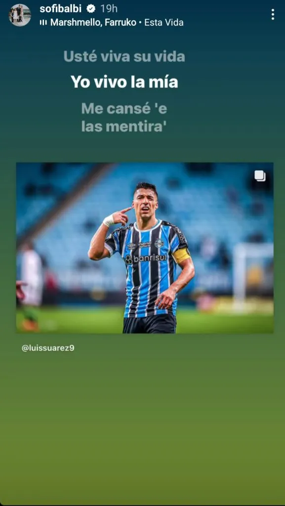 Publicação no perfil da esposa do jogador, Sofia Baldi, ironizando com versos música de Marshmello sobre possível aposentadoria