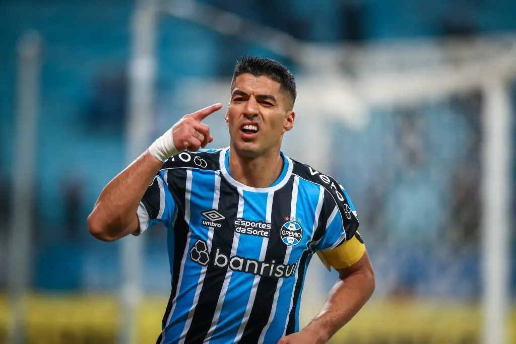 Suárez (Grêmio) em comemoração contra o América-MG na Arena do Gremio, em partida válida pela Campeonato Brasileiro 2023 Foto: Reprodução Flickr Grêmio/ Lucas Uebel