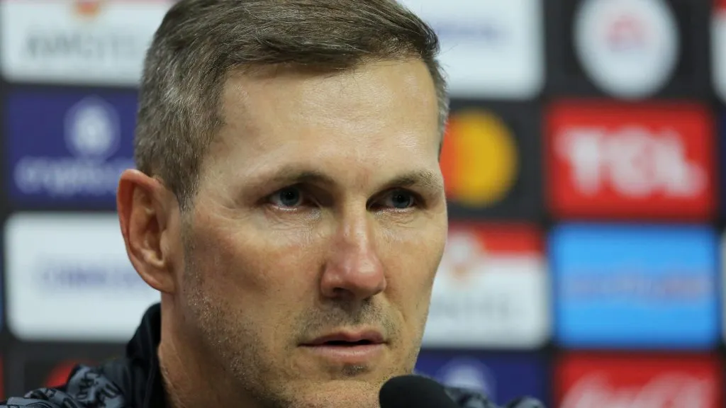 CURITIBA, BRAZIL – JUNE 06: Paulo Turra head coach of Athletico Paranaense speaks during a press conference after the Copa CONMEBOL Libertadores 2023 group G match between Athletico Paranaense and Libertad at Arena da Baixada on June 6, 2023 in Curitiba, Brazil. (Photo by Heuler Andrey/Getty Images)